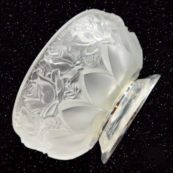 Frosted Satin Crystal Rose Pattern Compote On Silverplate Base Made West Germany - Picture 4 of 13